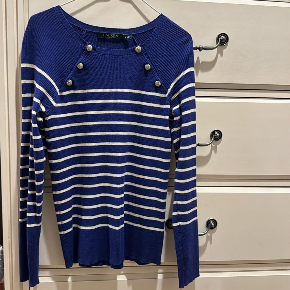 Ralph Lauren Sweater. Blue & White stripe. Silver button detail. Sz S.